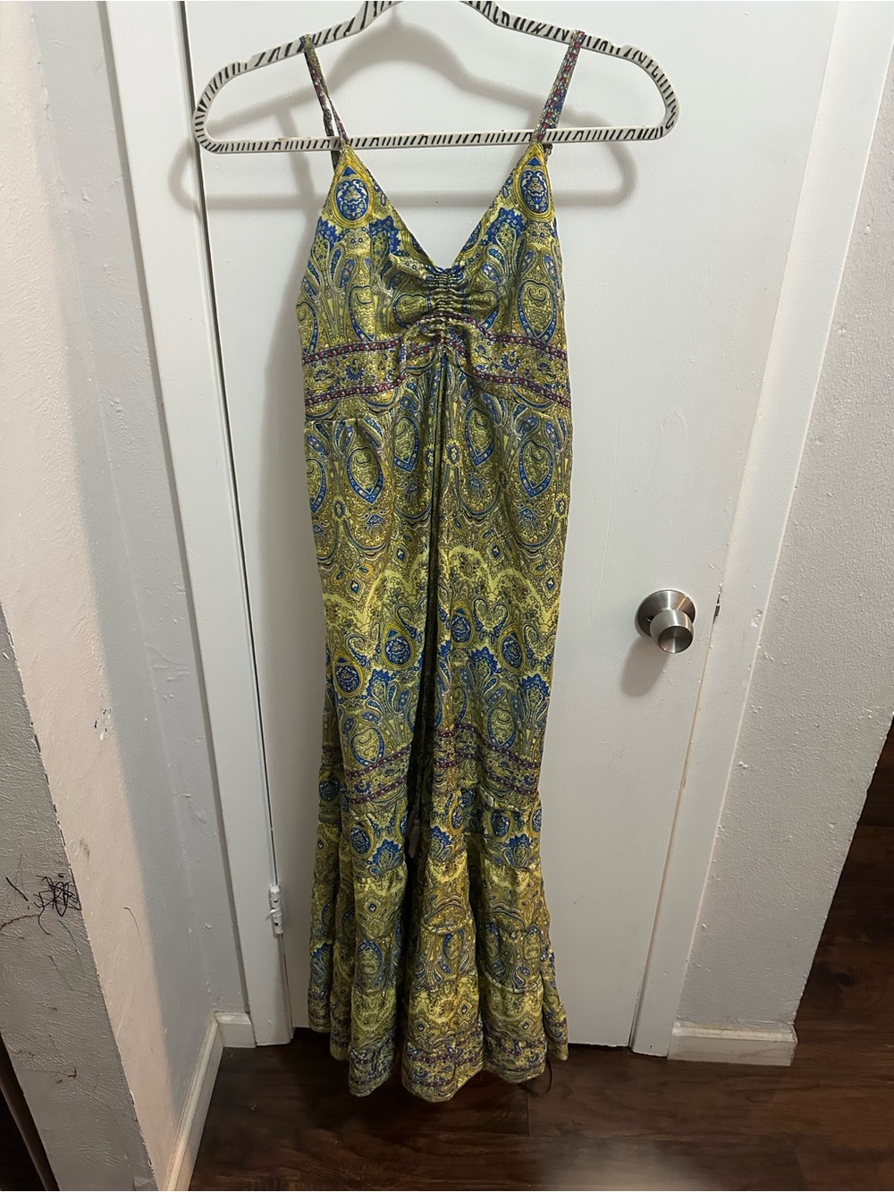 Paisley Spaghetti-Strap Maxi Dress in Yellow and Blue